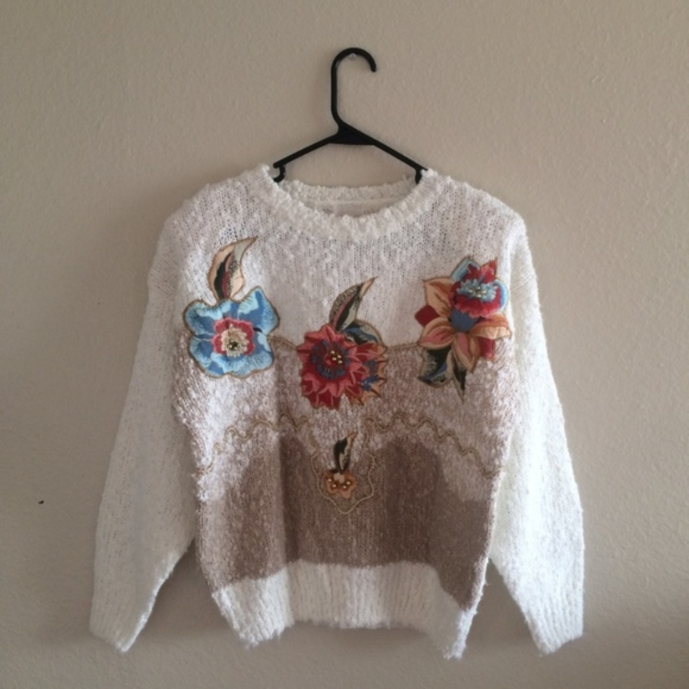 80s floral gold-beaded collage fuzzy sweater